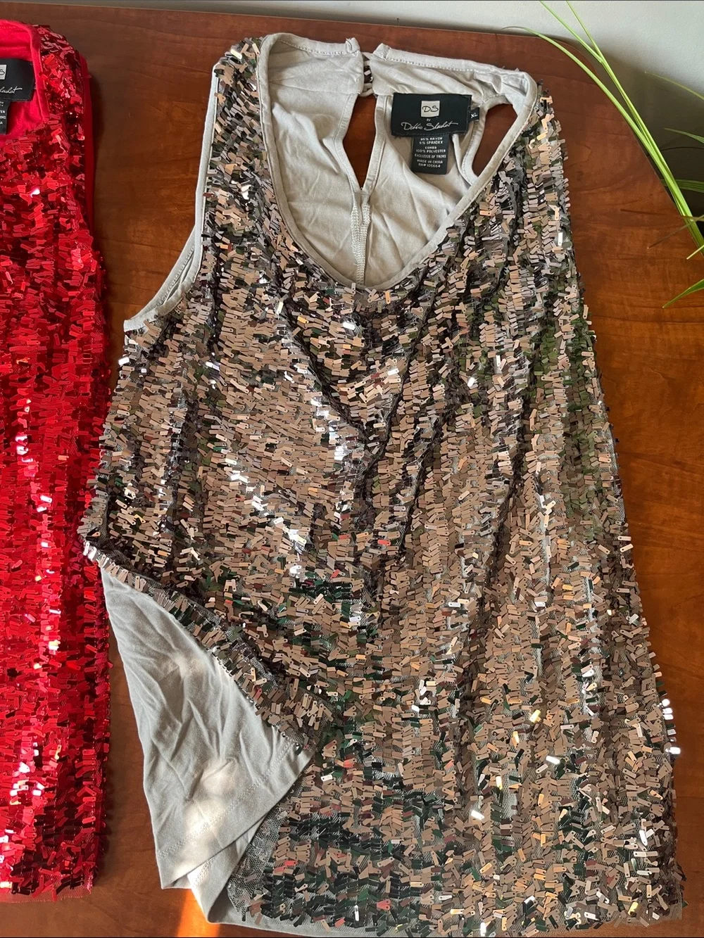 BOTH Sequin Party Tops Red & Silver Confetti Sequins Club Wear Drape Neck - Picture 6 of 15